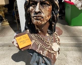 Lot 72.   $75. Native American Plaster Bust - looks cool the way it is or this can be restored.  Owner bought this at an antique store on a whim.  We know nothing else about it except that is is an interesting one of a kind piece. Stands 27" tall, x 17" across.  Buy one of those black pedestals we have for sale and show this guy off!  
