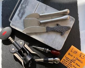 Lot 83 $20.  8 pc. Lot of wine and cheese pieces, cheese board by Crate & Barrel 12” square, marble cheese slicer, 3 cheese knives, wine stoppers and wine opener.  Retail on the slate cheese board is around $25, the Cheese Slicer is $15 at Sur La Table,  so this price is a good deal, especially if you like wine and cheese. ;-)