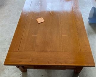 Lot 103   $95. Super Nice  Mission/Arts & Crafts Style Coffee Table (Made in USA), 50 inches long, x 30 inches wide x 16" high.  Good shape, little bubbles are present on the top 