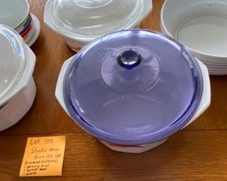 Lot 105. $35..  Studio Nova casserole dishes (AA024 pattern). Not sure if lids are original, but they do fit.  Lot includes 1 metal rimmed bowl, 1 saucer, 1 salad bowl (six pieces)