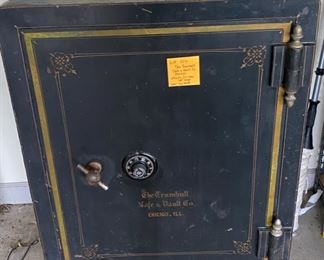 Lot 106. $1250.  The Trumbull Safe and Vault Co., Chicago IL.  As you can tell from the picture, this is one mighty heavy safe.  It measures 29 inches wide, 25 inches deep, and 42 inches high.  The Door is 4 inches thick.  Inner door with a key lock and interior shelves all original.  circa 1900.  We have the combo too!  Weighs about 500 lbs (no kidding) and it does roll, but please plan accordingly and make sure you store this in a place that can handle the weight.  It's presently in the garage, so if you have a ramp up to a truck bed, you should be able to move it with a couple of strong people (not us, we're old).  A similar safe is available in ebay for  (but in poor condition), is available for $1995. 