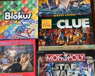 Lot 109.  $22  Lot of games!  perfect for the time of covid-19. Battleship, Clue, Star Wars Monopoly, Blokus, and a 500 pc puzzle of the "Good Ol gang".  We did not checck to see if all parts were included in the games and puzzle, but everything looked well organized.  