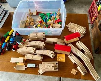 Lot 110.  $65.00 Thomas the Train Wooden Railway and Brio Cars.  Bridges, Ramps and Train Cars.  Big set, lots of interesting pieces that all seem to work together.   
