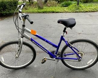 Lot 114  $65.  Schwinn Sierra Ladies Bicycle Road Cruiser.  5-speed?   7005 Aluminum.  Ride Tuned.  Alloy Tubing.  Blue and Silver 17.25 inch (44cm), bike frame size.  