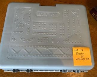 Lot 116. $ 22.  Erector Set wit Storage Case - Not sure if this is complete or not, but what is included is shown on the next two pictures, along with this handy gray carrying case.