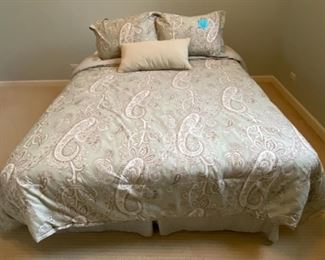 Lot 130.  $150. Queen Bed and bedding (Mint Paisley Shams, pillows, throw pillow, comforter and skirt plus mattress & box spring, sheets