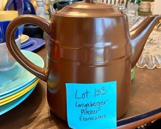 Lot 133 $40.  Longaberger Flameware Kettle or Teapot  in Brown,  Vitrified Pottery, made of  extreme temperature ceramics, can use on the grill, stovetop or under the broiler.  (Sells online for $90)