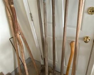 Lot 152.  $35.  Garden Implements, antique and current! That hoe is massive! 