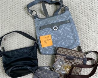 Lot 153.  $70.  Put me in Coach!  This lot includes: 2 crossbody bags, a wristlet, and a satin small bucket bag.  