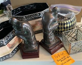 Lot 168.  $45. The star of this lot is The Thinker bookends. Lot includes: Pair of Thinker Bookends, 2 Rooster Containers (great small storage), Pair of mosaic votives, and a gold and black vase with glass floral pebbles. 