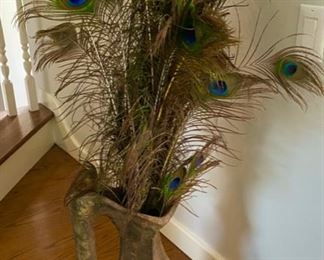 Lot 174. $38.  Big Vase with Peacock Feathers. 23” tall x 9” wide.