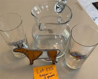 Lot 175. $20. Cute Pitcher and 2 collectible glasses (plus bonus cow stained glass)