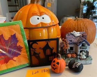 Lot 180. $15.00. Haloween Lot, Includes: Ceramic Pumpkin Cookie Jar, Spooky house, and a great pumpkin! 