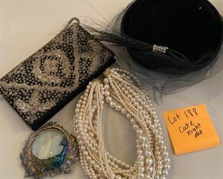 Lot 188. $45.   Fancy Night out.  Includes vintage velvet hat with veil, ala 1940's, a neat vintage clutch, a pearl multi-strand necklace, and randomly, a magnifying glass paperweight that is awfully cool!