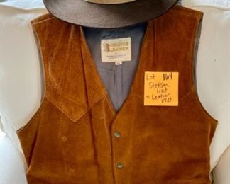 Lot 164. $60.  Howdy!  Stetson hat and leather vest!  For our most stylish friends, this hat is vintage and the homeowner is sad he can't take it with him. The vest is excellent as well! 
