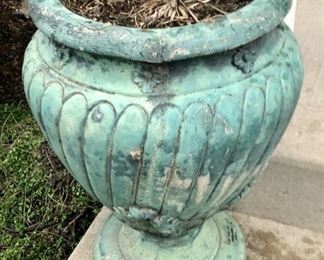 Lot 199. $100.00  24" H x 17" Diameter.  This pair of  Urns/Planters used to sit outside at the entryway to the mansion - They are about 100 years old, so I'd say they held up pretty well over the years. Pair of concrete planters.  Wonderful antique patina. Suitable for your front entrance of Patio in your backyard.  Very heavy and we can dump the dirt to lighten the load