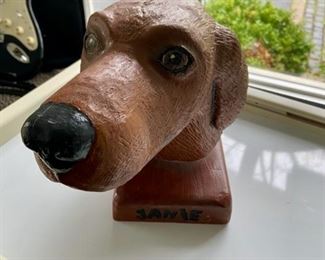 Lot 206 $45.00  “Jamie”....Hand-carved collector item.  One of a kind!!! 12” x 12”.   So realistic you want to pet it, house trained, no walks required!!!!
