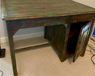 Lot 209.  $135.00 Vintage desk with unique paint and patina.  Storage cabinet.  Dimensions 44'' W X 30" D X30" H