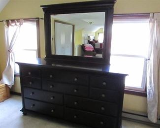 Broughton Hall mahogany dresser with miror. Drawers are dovetailed. 67.5"w X 38.5"h (not including mirror) and 75"h with mirror X 20"d. PRICE: $325.00