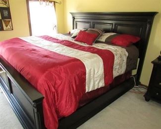 Broughton Hall mahogany king size bed FRAME. (Mattress/boxspring and bedding NOT included). 87"w X 57"h X 88" long. (4" thick headboard). PRICE FOR FRAME ONLY: $325.00