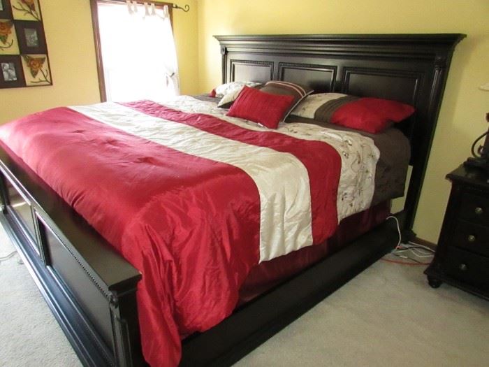 Broughton Hall mahogany king size bed FRAME. (Mattress/boxspring and bedding NOT included). 87"w X 57"h X 88" long. (4" thick headboard). PRICE FOR FRAME ONLY: $325.00