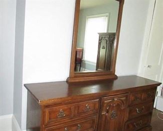 Vintage dresser with mirror. Heavy/solid construction. Some scuffing and wear--great to re-purpose to your taste! 70"w X 30.25"h (without mirror) and 83"h overall with mirror X 18"d. PRICE: $125.00