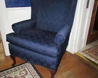 ANOTHER (without stain) American Furniture Co. of Mississippi Queen Anne-style wing chair with navy blue "flame stitch pattern" upholstery. 29.5"w X 42"h X 28"d. PRICE: $95.00