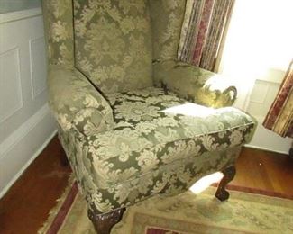 (2 available but priced separately): Corinthian, Inc. of USA Chippendale-style wing chair with sage green color brocade upholstery. NO stains. 34"w X 43"h X 32"d. PRICE: $125.00 EACH