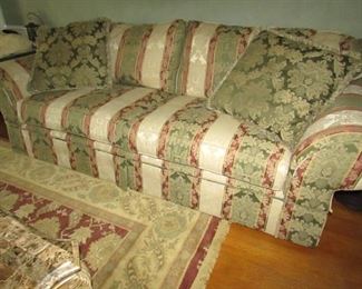 (2 available but priced separately). Corinthian, Inc. of USA sofa with 2 pillows. Sage, burgundy, and gold fabric. 94" w X 37"h X 36"d. PRICE: $250.00