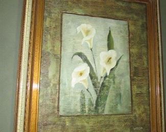 Decorative floral painting on canvas. Signed Wilcox. 21.25"w X 25"h. PRICE: $35.00