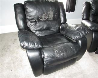 (2 available but priced separately). "Flair Enterprises" faux leather recliner. (wear to faux leather). 41"w X 40"h X 39"d. PRICE: $25.00 (more wear to this recliner)