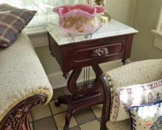 Pair of marble top Lyre tables