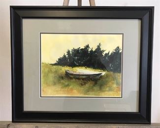Watercolor Painting of Boats in Grass