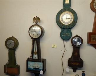 #2 $125 - Lot of Clocks (8) Green Gilbert, Naval Seth Thomas, Seagrams Benchmark Thermometer, Floral Quartz, Barigo Barometer, Brown Banjo, Seth Thomas, and Sessions Lighthouse. All eight one price