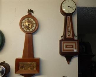 #2 $125 - Lot of Clocks (8) Green Gilbert, Naval Seth Thomas, Seagrams Benchmark Thermometer, Floral Quartz, Barigo Barometer, Brown Banjo, Seth Thomas, and Sessions Lighthouse. All eight one price