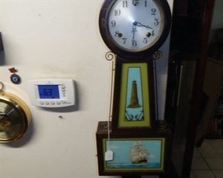 #2 $125 - Lot of Clocks (8) Green Gilbert, Naval Seth Thomas, Seagrams Benchmark Thermometer, Floral Quartz, Barigo Barometer, Brown Banjo, Seth Thomas, and Sessions Lighthouse. All eight one price