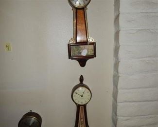 #4 $195 - Lot of (6) Banjo Clocks - Gilbert Locomotive, Sessions Electric Ships, Sessions Plantation, Sessions Plantation, Sessions Plantation with eagle finial, Seth Thomas Brown