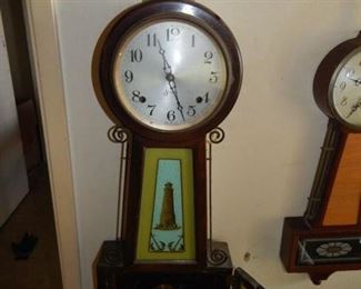 #8 $150 - Lot of (6) Clocks - Regulator, (2) Seth Thomas, Walnut with Eagle Finial, Light House Sessions, Sessions