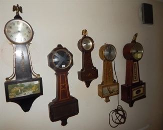 #11 $100 - Lot of (5) Banjo Clocks - Ingraham, Empty Case with Wood Marquetry, Seth Thomas Floral Eagle, Sessions Electric Ships, and Seth Thomas