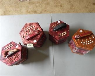 #15 $195 - (4) Accordians Concertinas - (2) Schelor (one has handle damage), Bastari, and last one Italian Made apart from the handle damage on the one they are all in excellent 