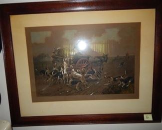 #16 $50 - Alfred William Strutt colored Lithograph of Dogs with a Poultry Wagon "Any port in the Storm"