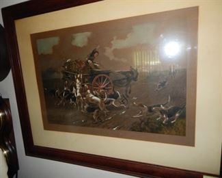 #16 $50 - Alfred William Strutt colored Lithograph of Dogs with a Poultry Wagon "Any port in the Storm"