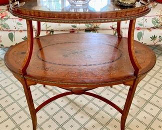 44. Antique 2 Tier Tray Top Inlayed Accent Table w/ Brass Detail (35'' x 22'' x 33''), $ 1,600.00
