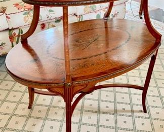 44. Antique 2 Tier Tray Top Inlayed Accent Table w/ Brass Detail (35'' x 22'' x 33''), $ 1,600.00