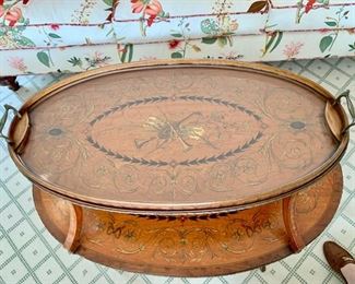 44. Antique 2 Tier Tray Top Inlayed Accent Table w/ Brass Detail (35'' x 22'' x 33''), $ 1,600.00
