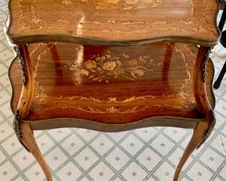 45. 2 Tier Inlayed Accent Table w/ Brass Detail & Cabriole Legs (27'' x 19'' x 33''), $ 1,400.00