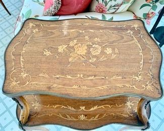 45. 2 Tier Inlayed Accent Table w/ Brass Detail & Cabriole Legs (27'' x 19'' x 33''), $ 1,400.00