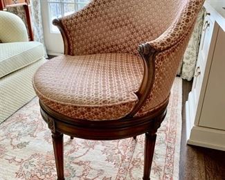87. Upholstered Barrel Swivel Desk Chair on Carved Wood Base (23'' x 28'' x 34''), $ 490.00