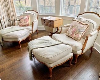 82. Pair of Down Stuffed Bergere Chairs (32'' x 28'' x 35'') w/ Ottomans (33'' x 23'' x 16''), $ 2,400.00