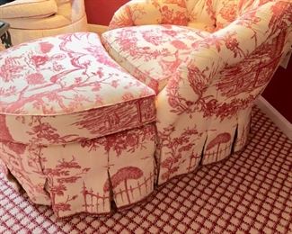 130. O. Henry House Tufted Back Toile Upholstered Barrel Chair (34'' x 36'' x 33'') w/ Semi-Circle Ottoman (30'' x 23'' x 19'') , $ 750.00